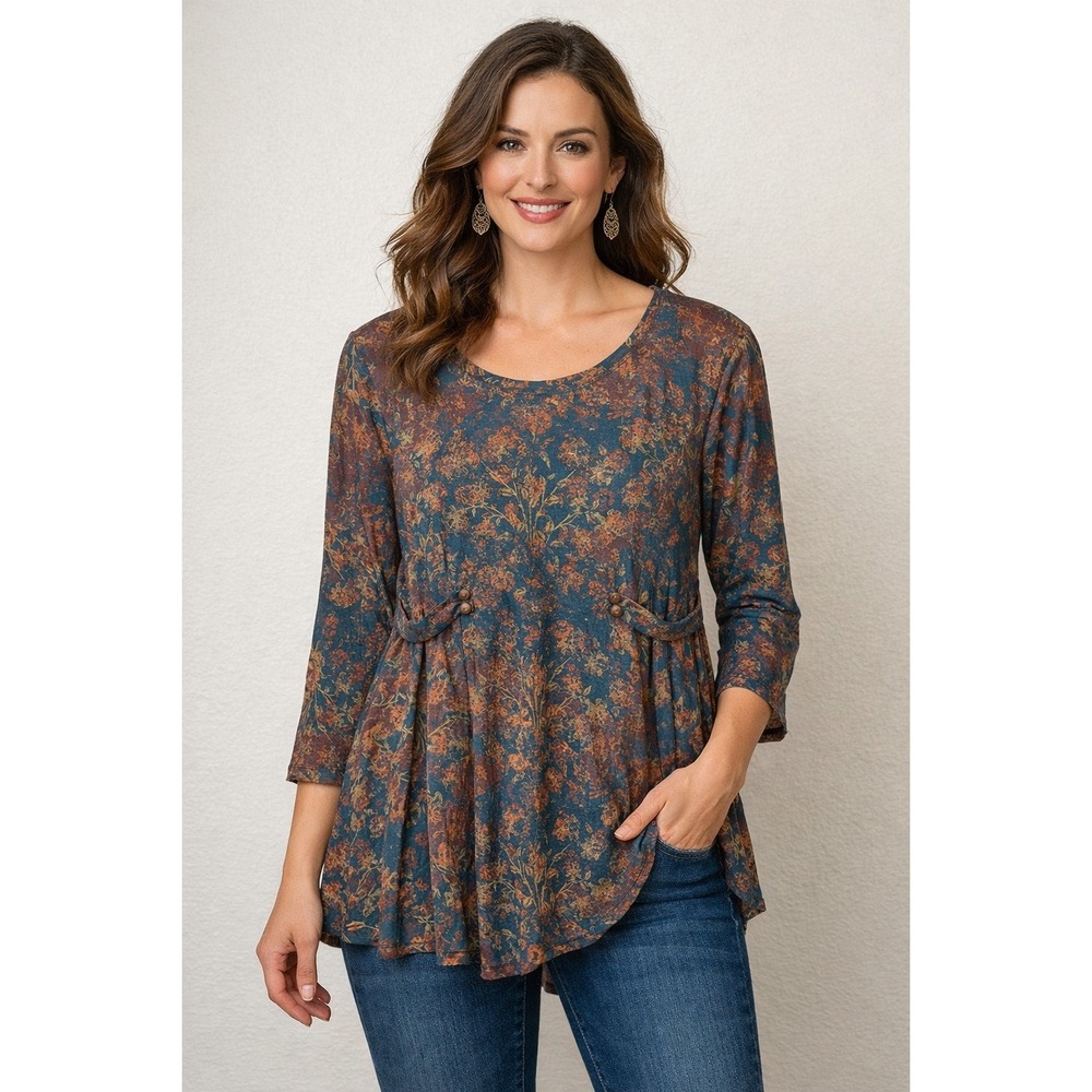 Peruvian Connection Tunic Top Women XS/S Floral Teal Rust 3/4 Sleeve‎ Babydoll